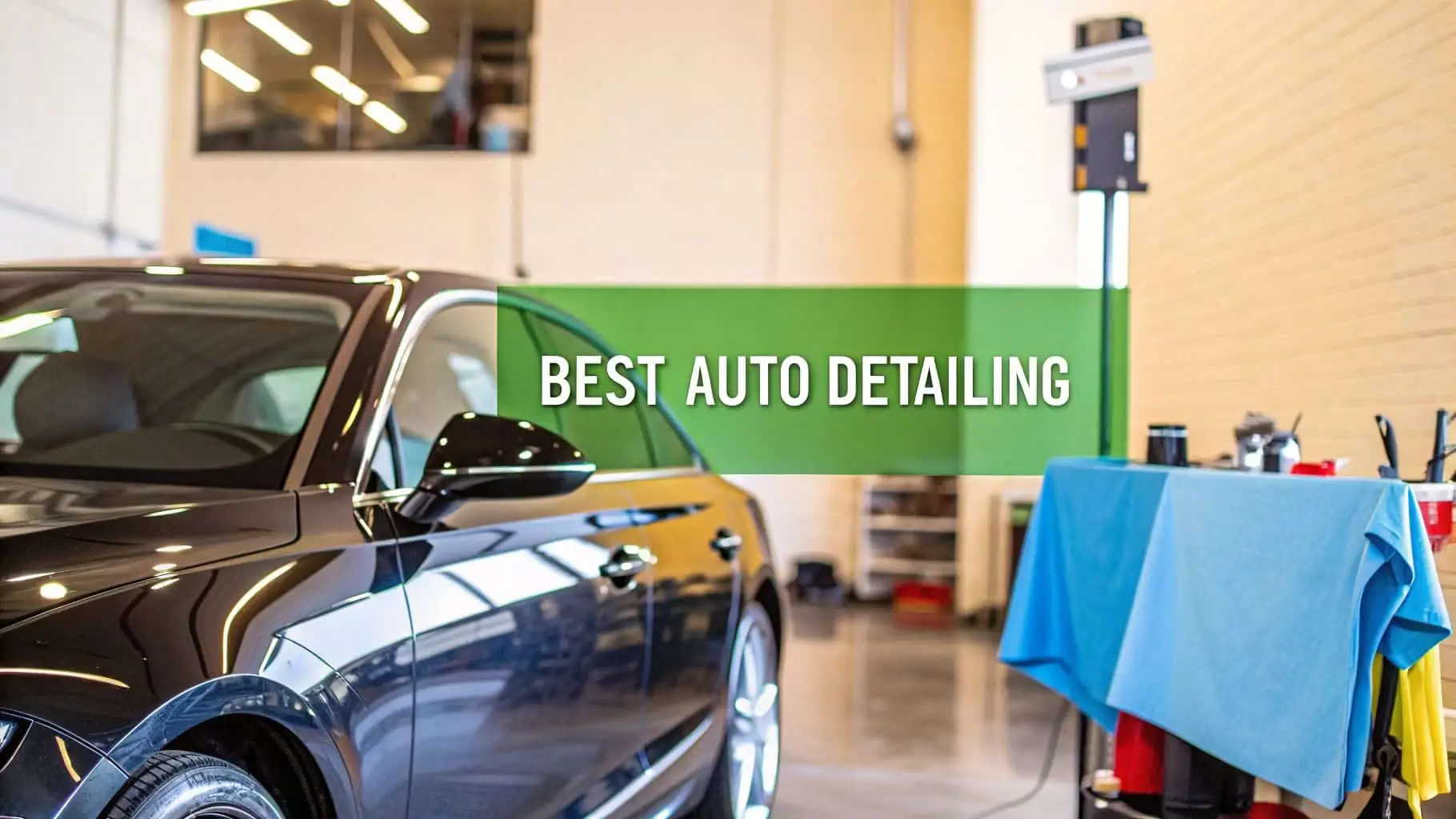 Luxury black car inside auto detailing shop, professional vehicle cleaning services at Florida Sudz, auto spa and car wash, upscale auto detailing in Florida, car care experts, automotive cleaning excellence.