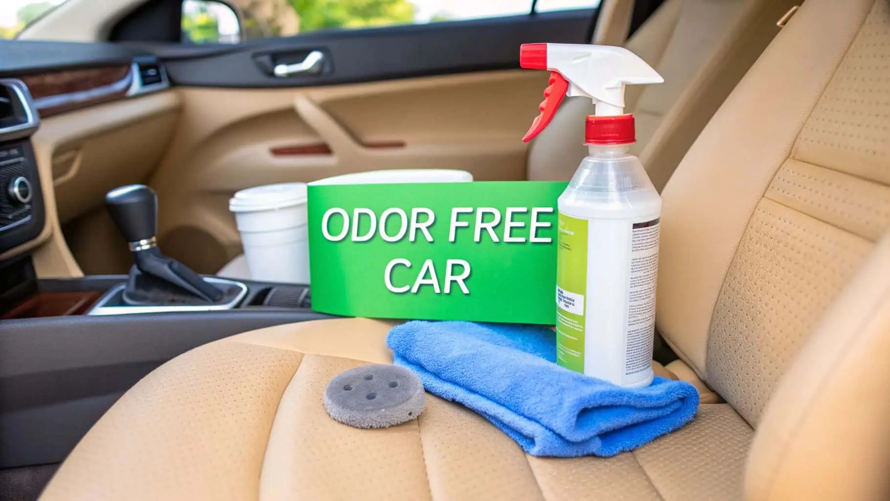 Odor eliminating spray and cleaning supplies on beige car seat representing Florida Sudz car odor removal service.